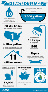 Infographic titled “The Facts on Leaks” showing statistics about household water leaks. It states that 10% of homes have leaks wasting 90 or more gallons per day, a faucet dripping once per second can waste over 3,000 gallons per year, and a shower leaking 10 drips per minute wastes over 500 gallons annually. Minor household leaks nationwide waste nearly 1 trillion gallons of water each year, affecting about 11 million homes. The infographic also notes that replacing toilets with WaterSense models can save about 13,000 gallons annually and that homeowners may save about 10% on water bills by fixing leaks.